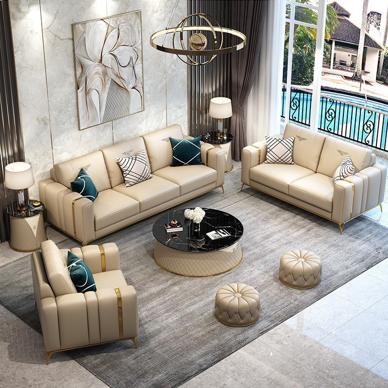 Luxury Italian living room sofa set with high-quality grain leather sofa